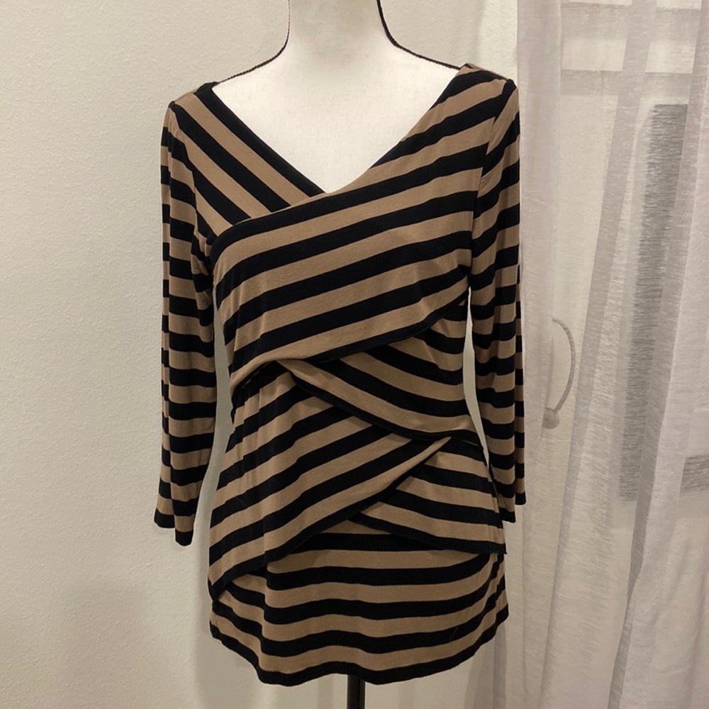 Vince Camuto v neck crisscross layered striped long sleeve top